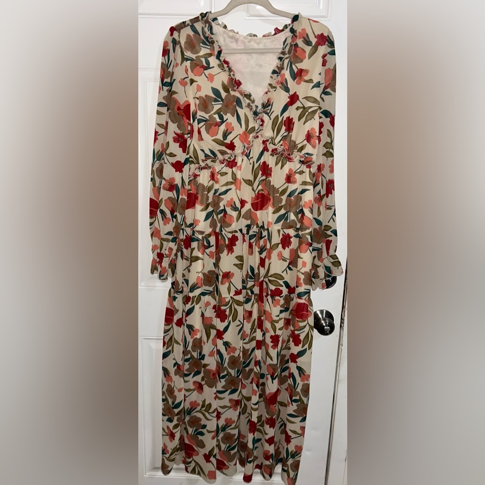 Boutique Floral Long Sleeve Max Dress Vibrant Fall Colors Size XL